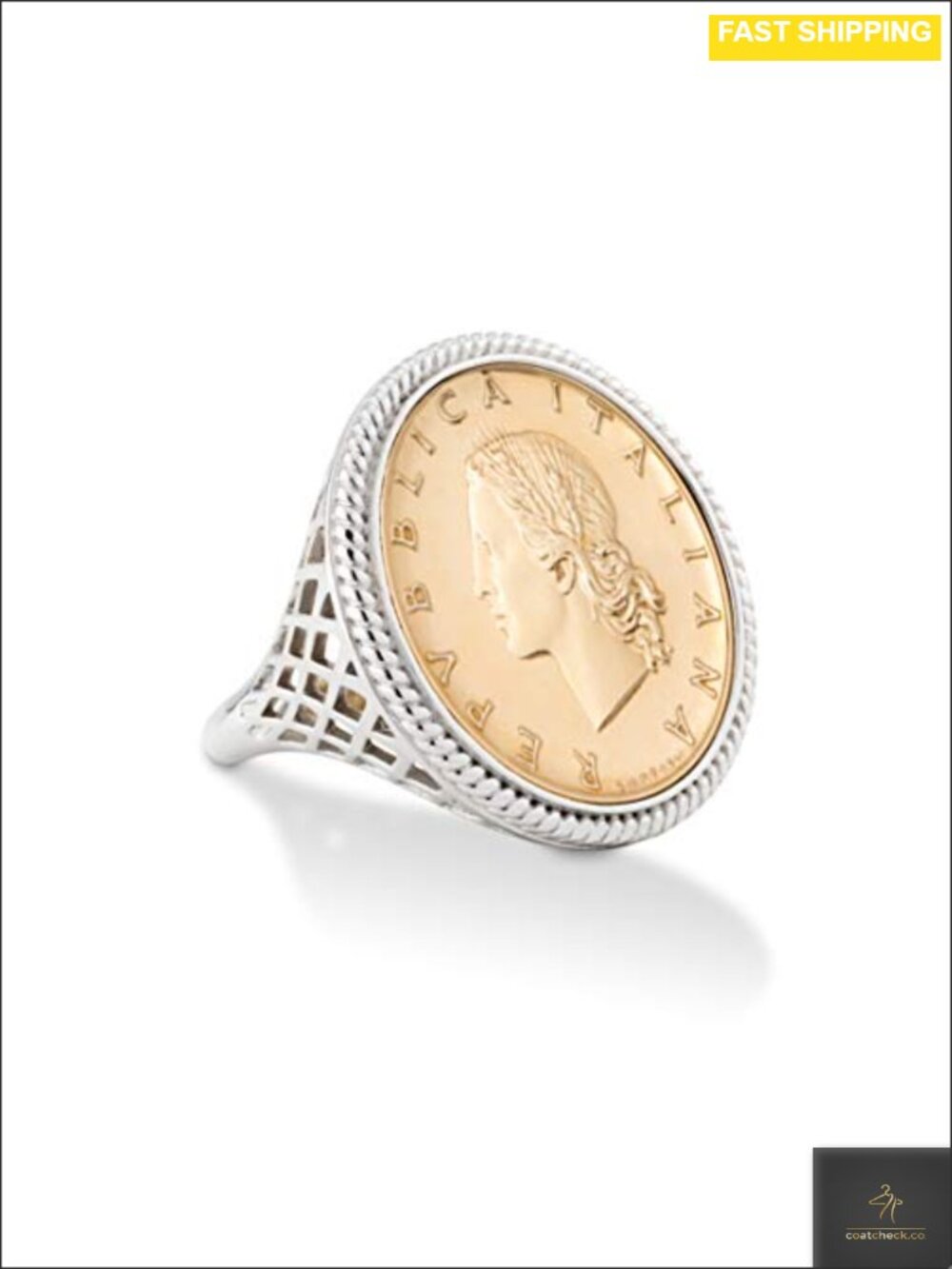 925 Sterling Silver Italian 20 Lira Coin Rope Ring Statement
